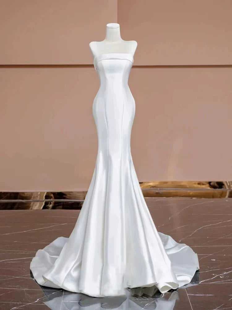 Buyishang Timeless Mermaid Strapless Satin Long White Wedding Dresses With Buttons dress for wedding